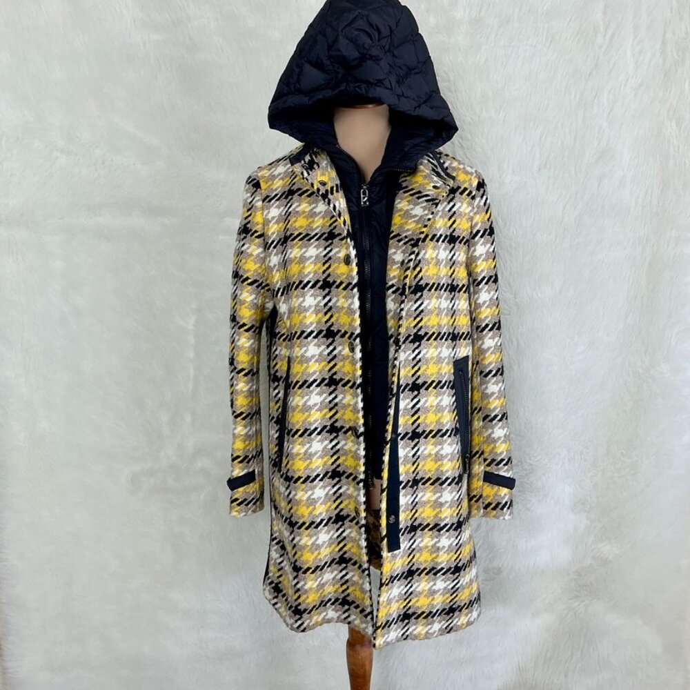 Bogner Black, Yellow, Tan Check Kerri-D Wool Blend Removable Hooded Coat M
